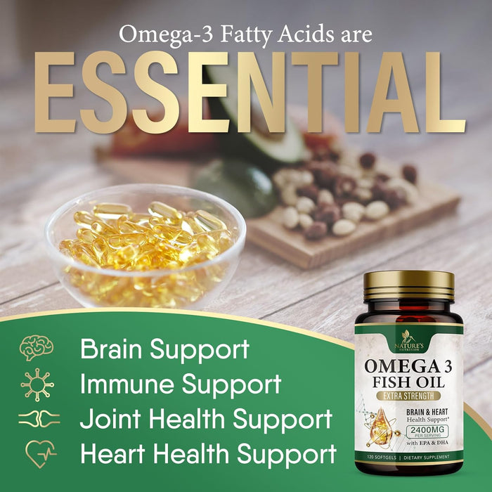 Fish Oil 2400 mg with Omega 3 EPA & DHA - Triple Strength Omega 3 Supplement - Omega 3 Fish Oil Supports Heart Health, Nature's Brain & Immune Support - Non-GMO Fish Oil Supplements