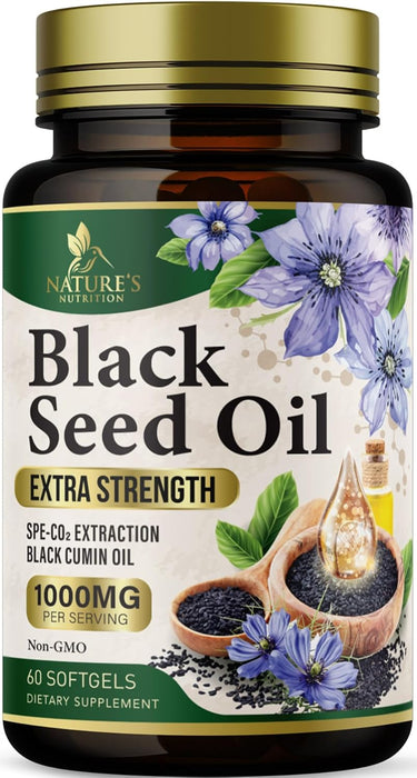 Black Seed Oil Capsules 1000mg - Vegan Cold-Pressed Nigella Sativa Black Seed Oil, Nature's Pure Black Cumin Seed Oil for Immune, Hair and Brain Support, Non-GMO