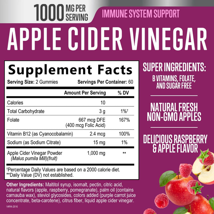 Apple Cider Vinegar + Vitamin B12 1000 mg - Apple Raspberry, 120 Gummies