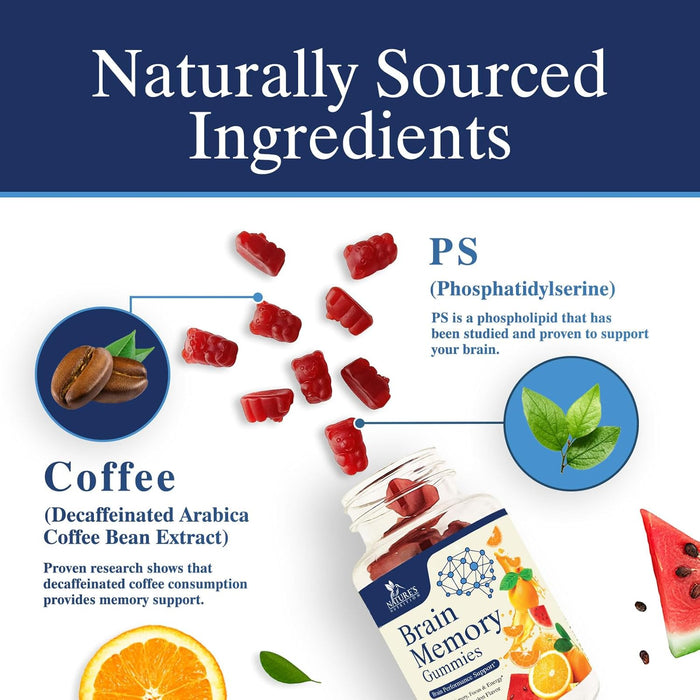 Brain Supplement Gummy for Memory, Focus & Concentration Support Gummies Plus Nootropics, Phosphatidylserine & Vitamins B6 & B12 - Nature's Caffeine Free Nootropic for Brain Health - 60 Gummies