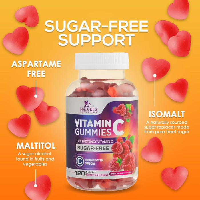 Sugar Free Vitamin C Gummies - Immune Support & Antioxidant Vitamin Dietary Supplement - Vegan, Non-GMO, Dairy & Gluten Free C Gummy Vitamins - Raspberry Flavor for Kids & Adults