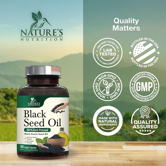 Black Seed Oil Capsules 1000mg - Vegan Cold-Pressed Nigella Sativa Black Seed Oil, Nature's Pure Black Cumin Seed Oil for Immune, Hair and Brain Support, Non-GMO