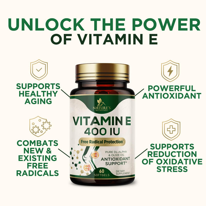 Vitamin E 400 IU Softgels (180mg DL-Alpha) for Women & Men, Supplement for Max Absorption, Nature's Antioxidant for Skin, Heart, Eye, and Immune Health Support, Dairy, Gluten & Soy Free