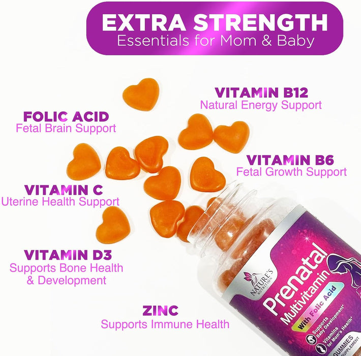 Nature's Prenatal Multivitamin Gummy with Folic Acid, Prenatal Vitamins w/Folate, Choline, Vitamin A, C, D3, B12 & B6, Before, During & After Pregnancy Vitamins for Women