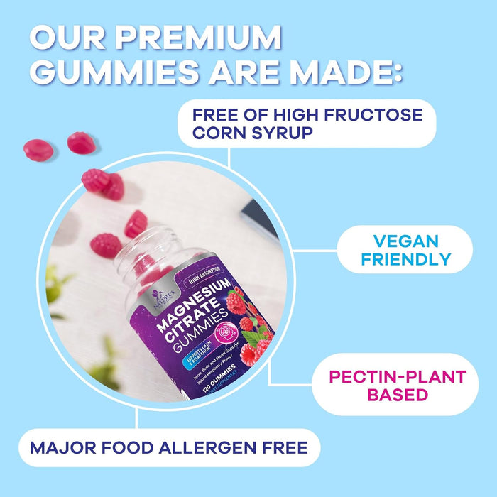 Magnesium Gummies Supplement - High Absorption Magnesium Citrate Supplement for Adults & Kids - Nature's Calm Magnesio Gummy Dietary Supplements for Bone, Muscle Health, Heart Support - 60 Gummies