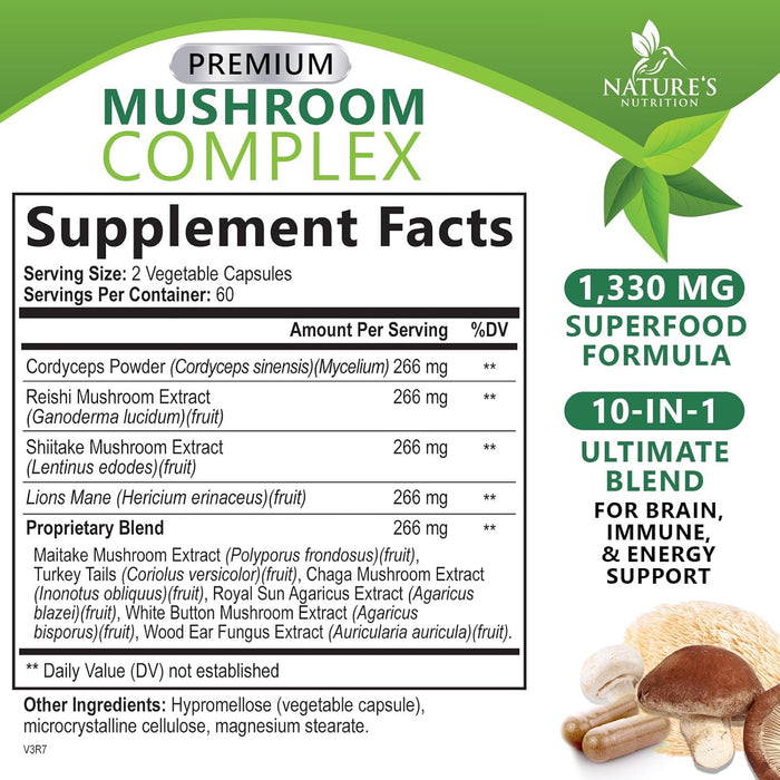 Mushroom Supplement - 10 Mushroom Complex Blend - Lions Mane, Reishi, Turkey Tail, Chaga, Cordyceps, Shiitake, Maitake - Nootropic Brain Supplement, Memory, Focus, Immune Health Support