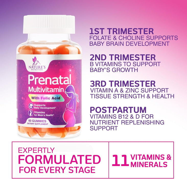 Nature's Prenatal Multivitamin Gummy with Folic Acid, Prenatal Vitamins w/Folate, Choline, Vitamin A, C, D3, B12 & B6, Before, During & After Pregnancy Vitamins for Women