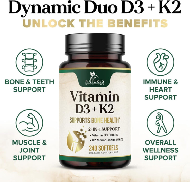 Vitamin D3 K2, 5000 IU Vitamin D3 & 100 mcg Vitamin K2 MK-7 Supplement Supports Immune Health, Bone, Heart & Calcium Absorption - Extra Virgin Olive Oil Softgel, Vitamins D & K Complex