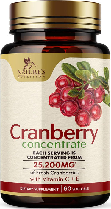 Cranberry Pills Supplement for Women & Men + Vitamin C & E - 25,200mg Formula for Urinary Tract Health Support, Non-GMO and Gluten Free, Nature's Cranberry Supplements