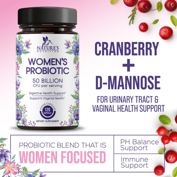 Probiotics for Women 60 Billion CFU - 16 Strains, Digestive Health, Vaginal pH & Immune Support, Prebiotics & Cranberry, Gut Health & Urinary Support, Shelf Stable Women's Probiotic - 120 Capsules