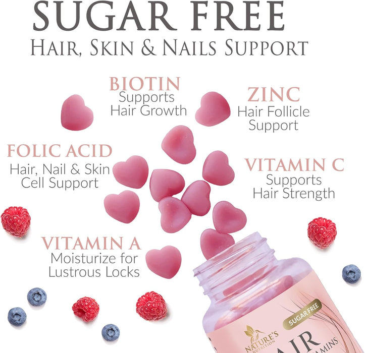 Sugar Free Hair Vitamins Gummies with Biotin 5000 mcg, Vitamin A, B12, C, D, E, Folic Acid, Supports Hair Growth Gummy, Vegetarian Friendly, Supports Strong Beautiful Hair and Nails