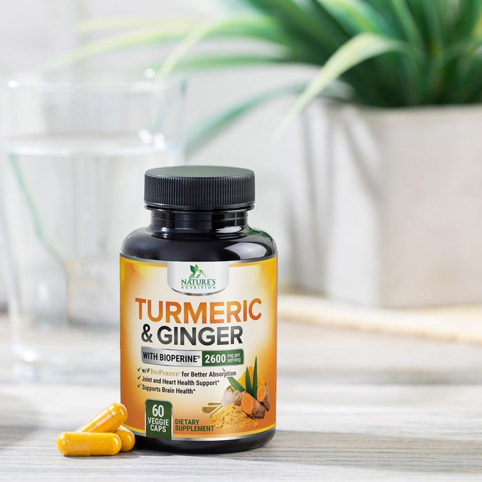 Turmeric Curcumin with BioPerine & Ginger 95% Standardized Curcuminoids 2600mg Black Pepper for Max Absorption Joint Support, Nature's Tumeric Herbal Extract Supplement, Vegan, Non-GMO