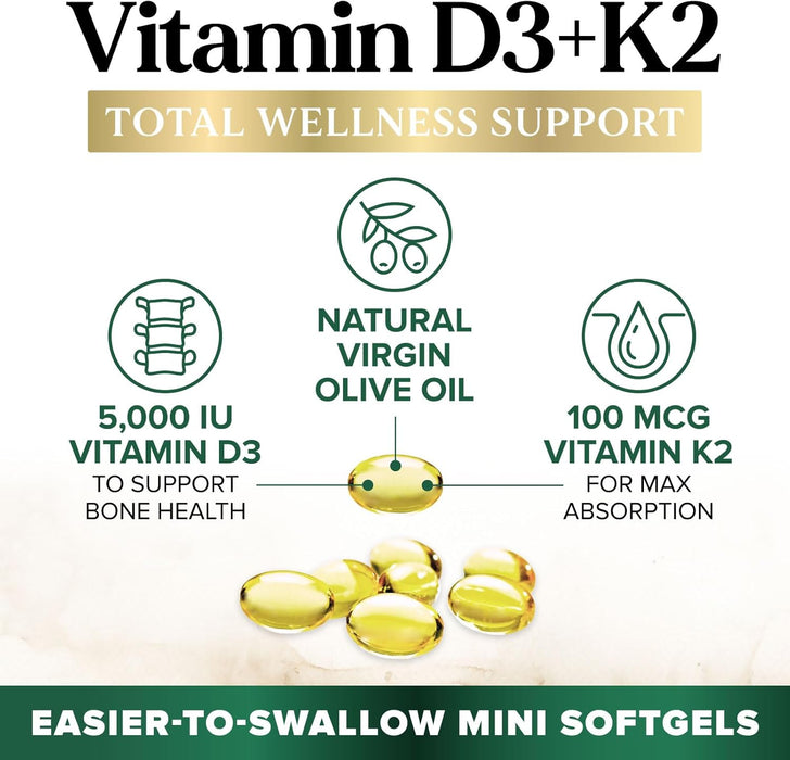 Vitamin D3 K2, 5000 IU Vitamin D3 & 100 mcg Vitamin K2 MK-7 Supplement Supports Immune Health, Bone, Heart & Calcium Absorption - Extra Virgin Olive Oil Softgel, Vitamins D & K Complex