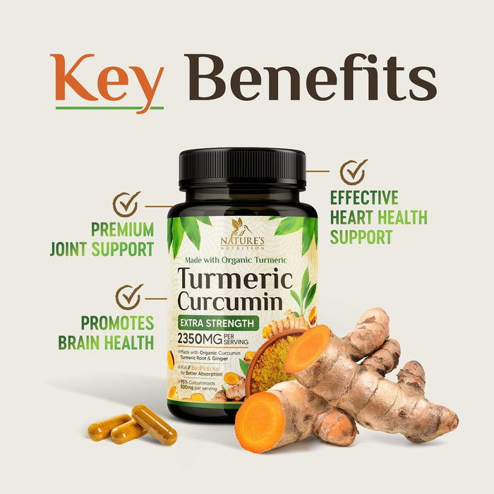 Turmeric Curcumin Supplement 1750mg with Organic Turmeric & Ginger, 95% Curcuminoids, BioPerine Black Pepper for Best Absorption, Nature's Vegan Joint Support, Non-GMO, Bottled in USA