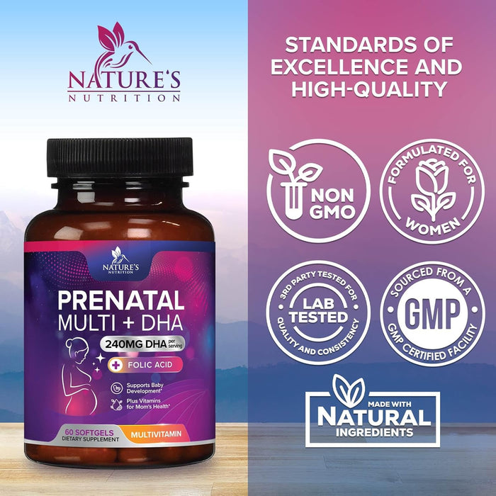 Women's Prenatal Multivitamin with Folic Acid & DHA, Prenatal Vitamins w/ Folate, Omega 3, Vitamins D3, B6, B12 & Iron, Pregnancy Support Prenatal DHA Supplement, Non-GMO Gluten Free