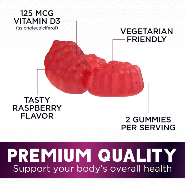 Vitamin D3 Gummies Extra Strength 5000 IU (125 mcg) - Raspberry Flavor Gummy Vitamins - Vitamin D Dietary Supplement for Bone, Teeth, Muscle & Immune Health Support, Non-GMO, Gluten Free