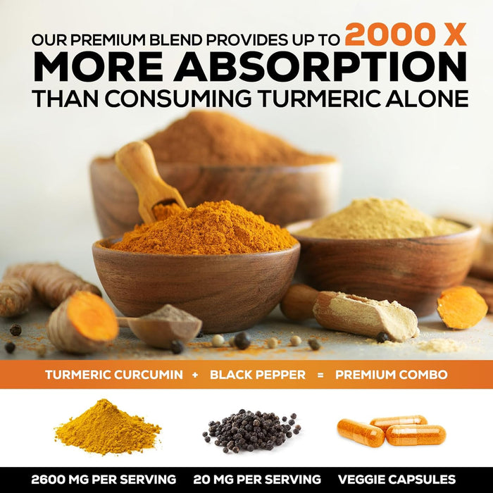 Turmeric Curcumin Supplement with BioPerine 95% Curcuminoids 2600mg with Black Pepper for Best Absorption, Bottled in USA, Best Natural Vegan Joint Support, Nature's Tumeric Capsules