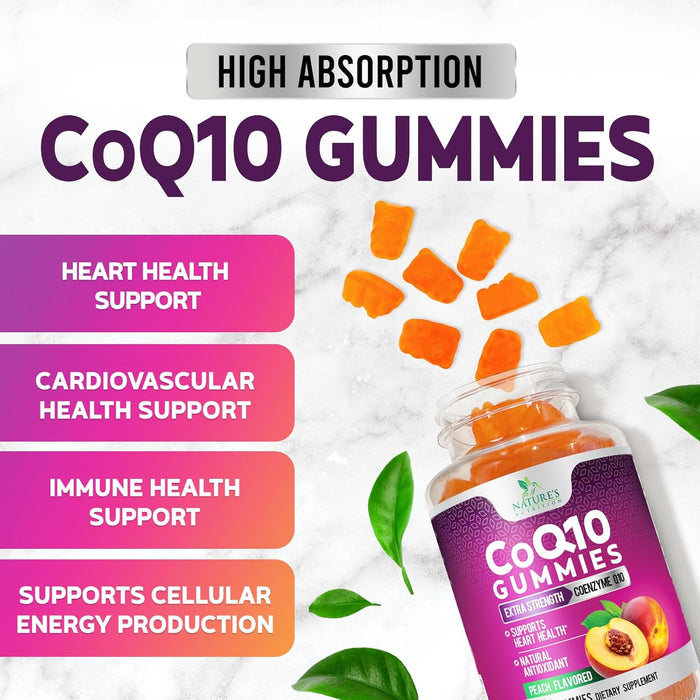 Nature's Nutrition CoQ10 Gummies 100mg – High Absorption Coenzyme Q10 Supplement for Heart Health, Energy & Antioxidant Support – Peach Flavor Gummy, Vegan, Non-GMO, Gluten Free – 120 Count