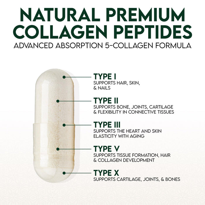 Multi Collagen Peptides Supplement 2400 mg, Types I, II, III, V & X Multi Collagen Pills Complex, Hydrolyzed Collagen Peptides Supplements, Hair, Skin, Nail, and Joint Support Supplement, 60 Capsules