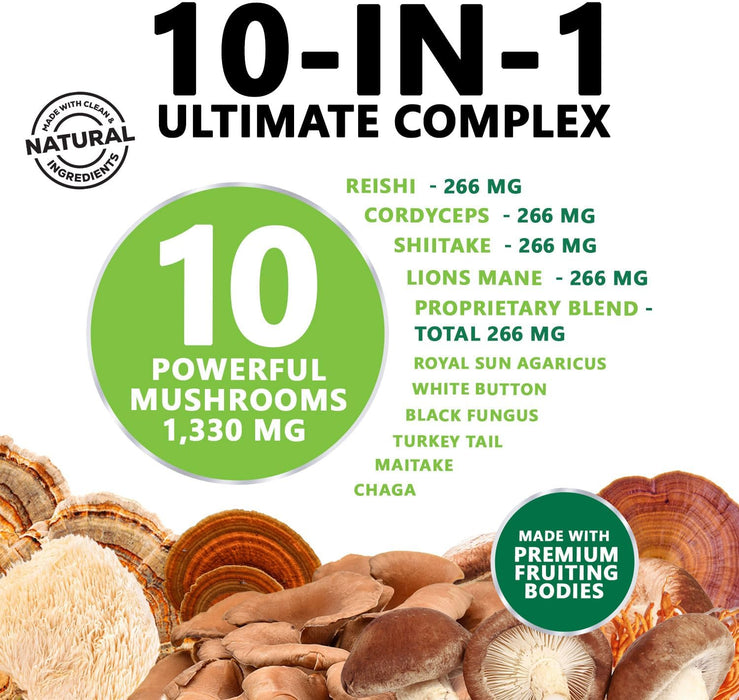 Mushroom Supplement - 10 Mushroom Complex Blend - Lions Mane, Reishi, Turkey Tail, Chaga, Cordyceps, Shiitake, Maitake - Nootropic Brain Supplement, Memory, Focus, Immune Health Support