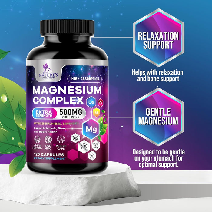 Magnesium Complex 500mg with Glycinate, Malate, Citrate, Oxide - High Absorption Chelated Magnesium Capsules - Dietary Supplement for Muscle, Heart, Bone Support