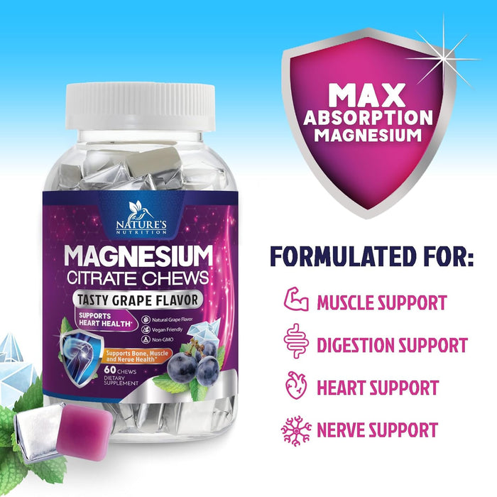 Magnesium Supplement Chews with High Absorption Magnesium Citrate for Heart, Bone, Muscle, & Nerve Health Support, Calm Magnesium Chews, Vegan Magnesium Chewable, Grape Flavor