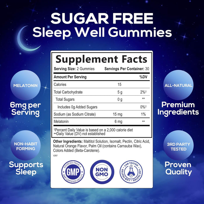 Sleep Melatonin Gummies for Adults Sugar Free - Natural Melatonin Sleep Gummy, Extra Strength Gummy Supplements, Sleep Support Vitamin Supplement, Vegan, Gelatin Free, 6mg, Sleep Gummies - 60 Gummies