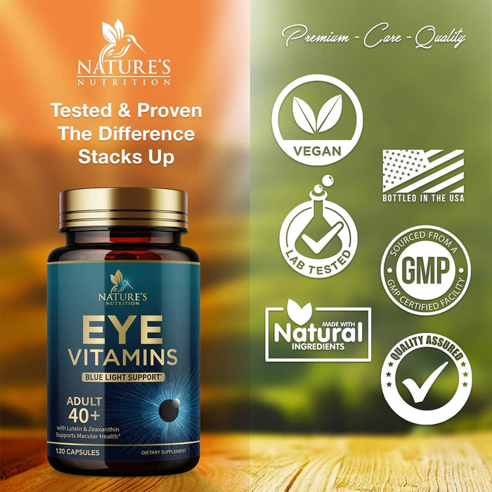 Eye Vitamins & Mineral Supplement, Contains Lutein, Zeaxanthin, Bilberry & Zinc, Supports Eye Strain, Vision Health & Dryness for Adults with Vitamin C & E, Non-GMO, Vegan