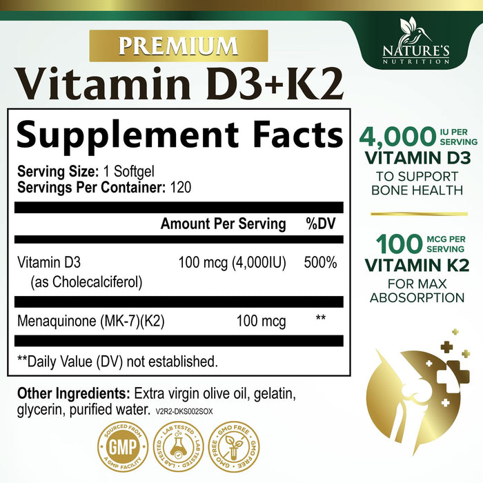 Vitamin D3 + K2 (MK-7) 5000 IU + 100 mcg - 120 Softgels