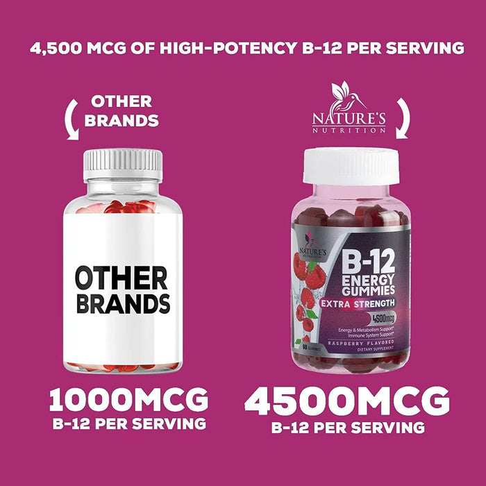 B-12 Vitamin Energy Gummies - 4500mcg Extra Strength B12 Gummy Chewables for Energy Metabolism & Immune Support - Dietary Supplement for Women, Men, & Kids - Non-GMO, Vegan, Berry Flavor - 60 Count