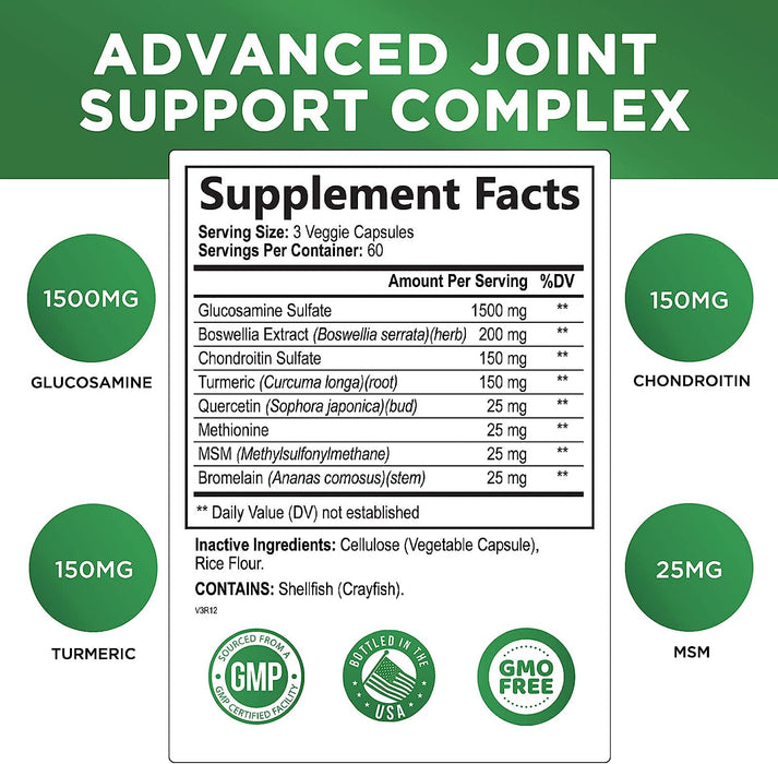 Glucosamine Chondroitin MSM Complex - Joint Support Supplement Turmeric & Boswellia, Triple Strength Glucosamine Capsules - Support for Joint Health & Mobility with Quercetin Bromelain