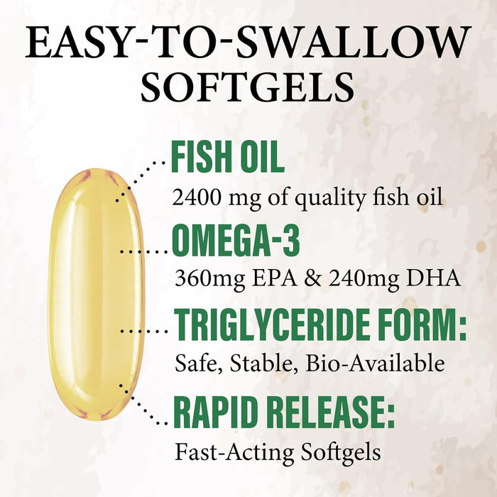Fish Oil 2400 mg with Omega 3 EPA & DHA - Triple Strength Omega 3 Supplement - Omega 3 Fish Oil Supports Heart Health, Nature's Brain & Immune Support - Non-GMO Fish Oil Supplements