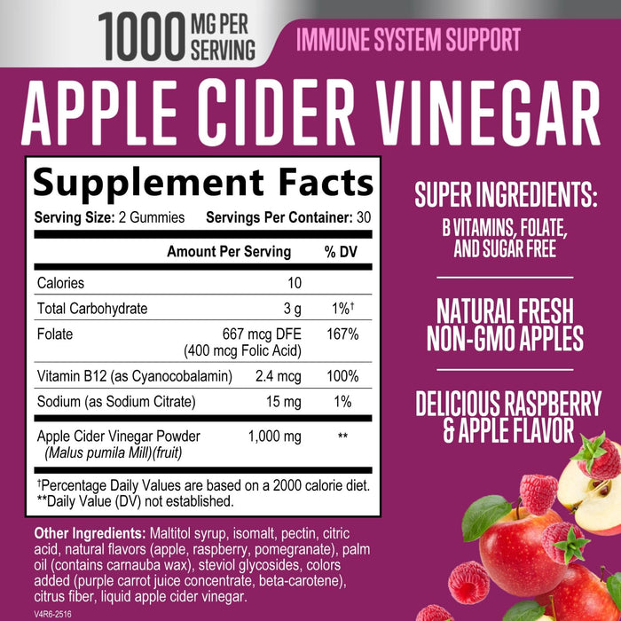 Apple Cider Vinegar + Vitamin B12 1000 mg - Apple Raspberry, 60 Gummies