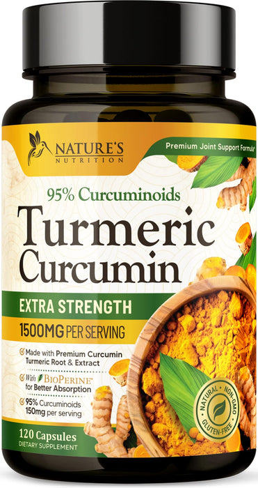 Turmeric Curcumin Supplement 1500mg - Organic Tumeric & BioPerine Black Pepper for Best Absorption with 95% Curcuminoids, Nature's Joint & Immune Support, Non-GMO, Bottled in USA