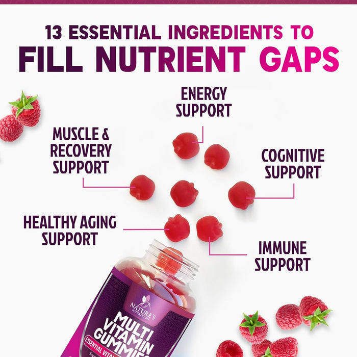 Multivitamin Gummies, Extra Strength Daily Gummy Vitamin & Antioxidant Supplement for Women & Men with Vitamins A, C, D, E, B-6, B-12 & Zinc for Immune Health Support, Non-GMO, Raspberry