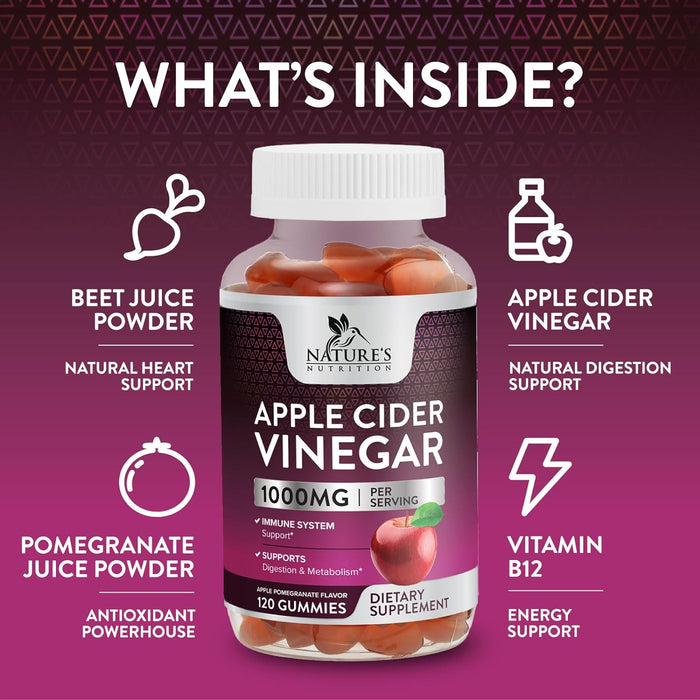 Nature's Nutrition Apple Vinegar Gummy for Weight Loss 1000mg - Vegan Apple Cider Vinegar Gummies for Detox & Cleanse, ACV Supplement Pills, Vitamin B12, Beetroot & Pomegranate, Non-GMO