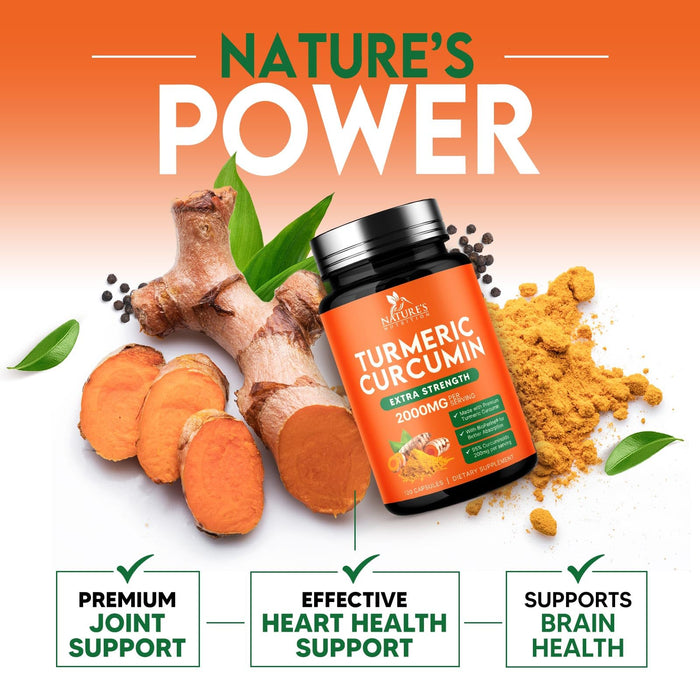Turmeric Curcumin Supplement 2000mg - Nature's Joint & Immune Support, Organic Tumeric & BioPerine Black Pepper for Best Absorption with 95% Curcuminoids, Non-GMO, Bottled USA