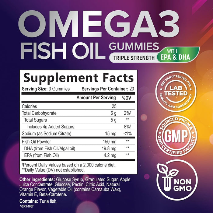 Omega 3 Fish Oil Gummies for Adults, Heart Healthy Omega 3 Supplement Gummies with DHA & EPA, Extra Strength Joint & Brain Support Omega3 Fish Oil Gummy Vitamin, Orange Flavor