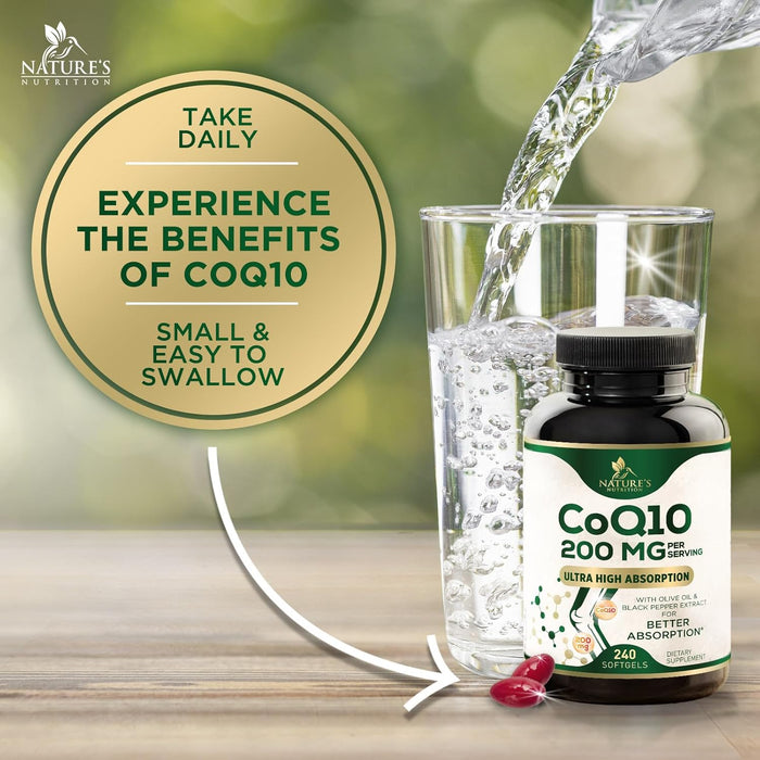 CoQ10 200mg Softgels - Extra Strength Coenzyme Q10 Supplement With Black Pepper Extract for Enhanced Absorption, CoQ10 Antioxidant Supplements for Heart Health & Cellular Energy Support - 240 Softgels