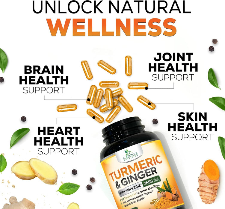Turmeric Curcumin with BioPerine & Ginger 95% Standardized Curcuminoids 2600mg Black Pepper for Max Absorption Joint Support, Nature's Tumeric Herbal Extract Supplement, Vegan, Non-GMO