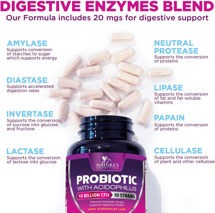 Probiotics, 60 Billion CFU per Serving, Probiotic with Prebiotics for Digestive & Immune Health Support for Women & Men - Nature's Supplement is Shelf Stable, Soy, Dairy & Gluten Free