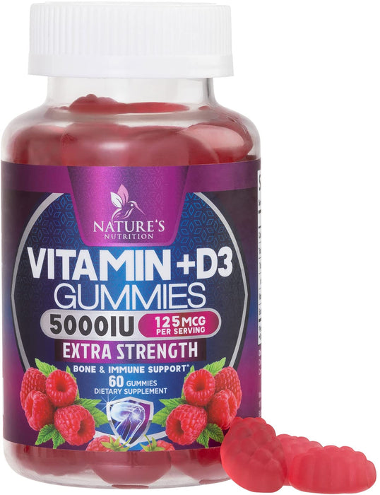 Vitamin D3 Supplement Gummy 5000 IU (125 mcg) Dietary Vitamins D for Men & Women - Bone, Teeth, Muscle and Immune Health Support, High Potency VIT D3 Nature's Non-GMO & Gluten Free - 60 Gummies