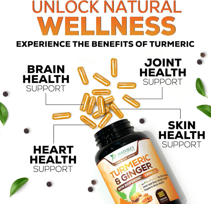 Turmeric Curcumin Supplement 1950mg - 95% Curcuminoids with Organic Turmeric & Ginger, BioPerine Black Pepper for Best Absorption, Nature's Vegan Joint Support, Non-GMO, Bottled in USA - 120 Capsules