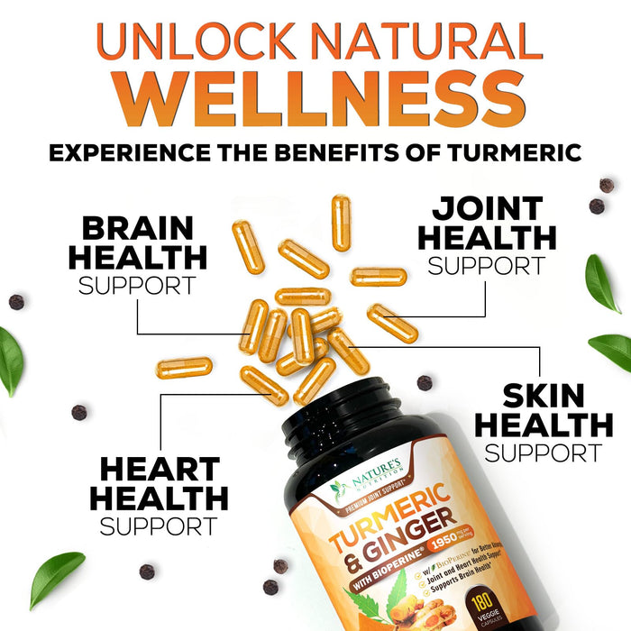 Turmeric Curcumin Supplement 1950mg - 95% Curcuminoids with Organic Turmeric & Ginger, BioPerine Black Pepper for Best Absorption, Nature's Vegan Joint Support, Non-GMO, Bottled in USA - 180 Capsules