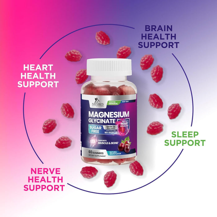 Magnesium Glycinate Supplement Gummies - Magnesium Supplement with Bone Muscle & Heart Health Support - Gentle on Stomach & Chelated for Max Absorption - Non-GMO Grape Flavor & Sugar Free