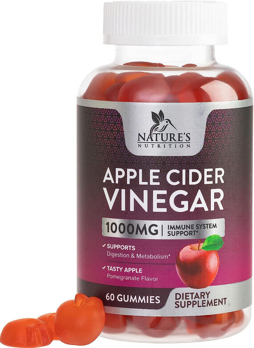 Nature's Nutrition Apple Vinegar Gummy for Weight Loss 1000mg - Vegan Apple Cider Vinegar Gummies for Detox & Cleanse, ACV Supplement Pills, Vitamin B12, Beetroot & Pomegranate, Non-GMO