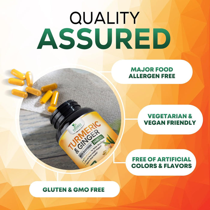 Turmeric Curcumin with BioPerine & Ginger 95% Standardized Curcuminoids 2600mg Black Pepper for Max Absorption Joint Support, Nature's Tumeric Herbal Extract Supplement, Vegan, Non-GMO