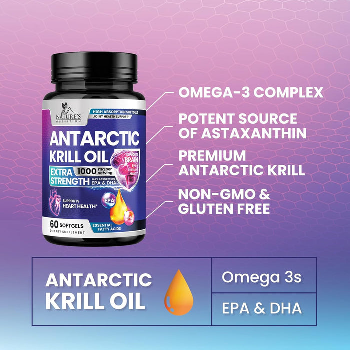 Krill Oil Omega 3 Supplement 1000 mg - Antarctic Krill Oil with Omega-3 EPA, DHA with Astaxanthin Sourced from Red Krill, Brain Health & Immune Support with Phospholipids