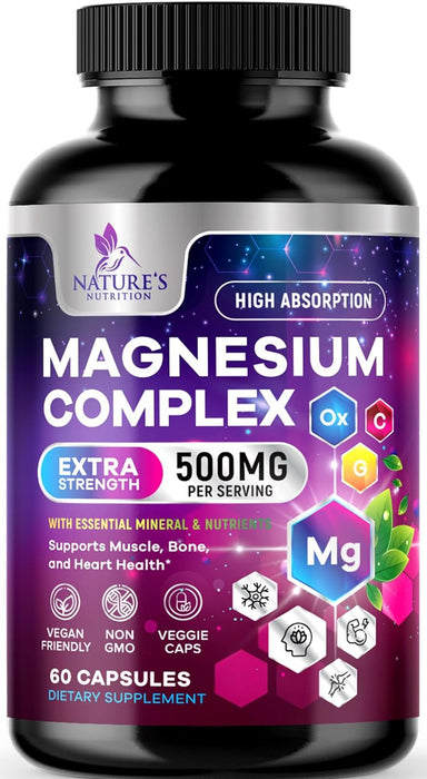 Magnesium Complex 500mg with Glycinate, Malate, Citrate, Oxide - High Absorption Chelated Magnesium Capsules - Dietary Supplement for Muscle, Heart, Bone Support