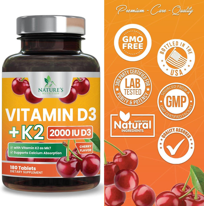 Vitamin D3 K2 as MK-7 with 2000iu of D3 & 75mcg K2, Vitamin K2 D3 Bone Strength Supplements Support Calcium Absorbtion for Teeth & Bone Health + Muscle & Immune Health Support